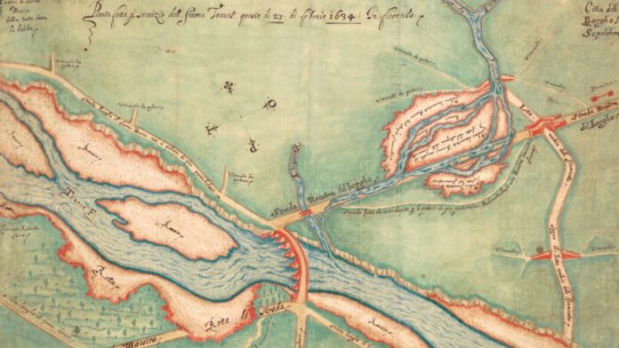   Pianta fatta per servizio del Fiume Tevere questo dì 27 di febbraio 1634 in Fiorenza. Archivio di Stato di Firenze, reperita dalla sezione di cartografia storica della Regione Toscana