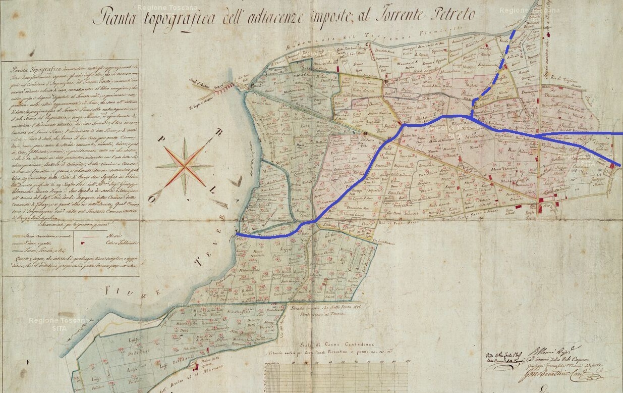 Pianta  topografica dell'adiacenze imposte al Torrente Petreto, settembre 1815. Archivio di Stato di Arezzo, reperita dalla sezione di cartografia storica della Regione Toscana