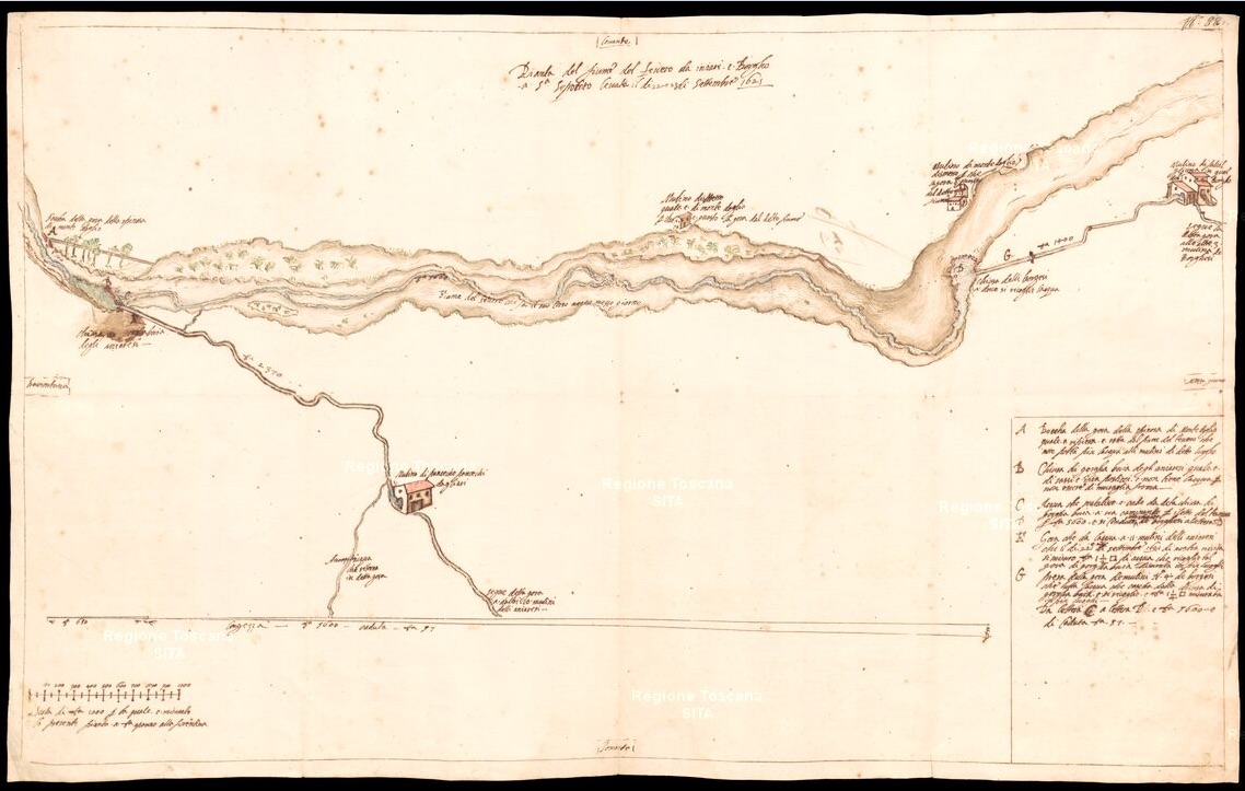 Pianta del fiume Tevere da Anghiari al Borgo a S. Sepolcro. Archivio di Stato di Firenze, reperita dalla sezione di cartografia storica della Regione Toscana.