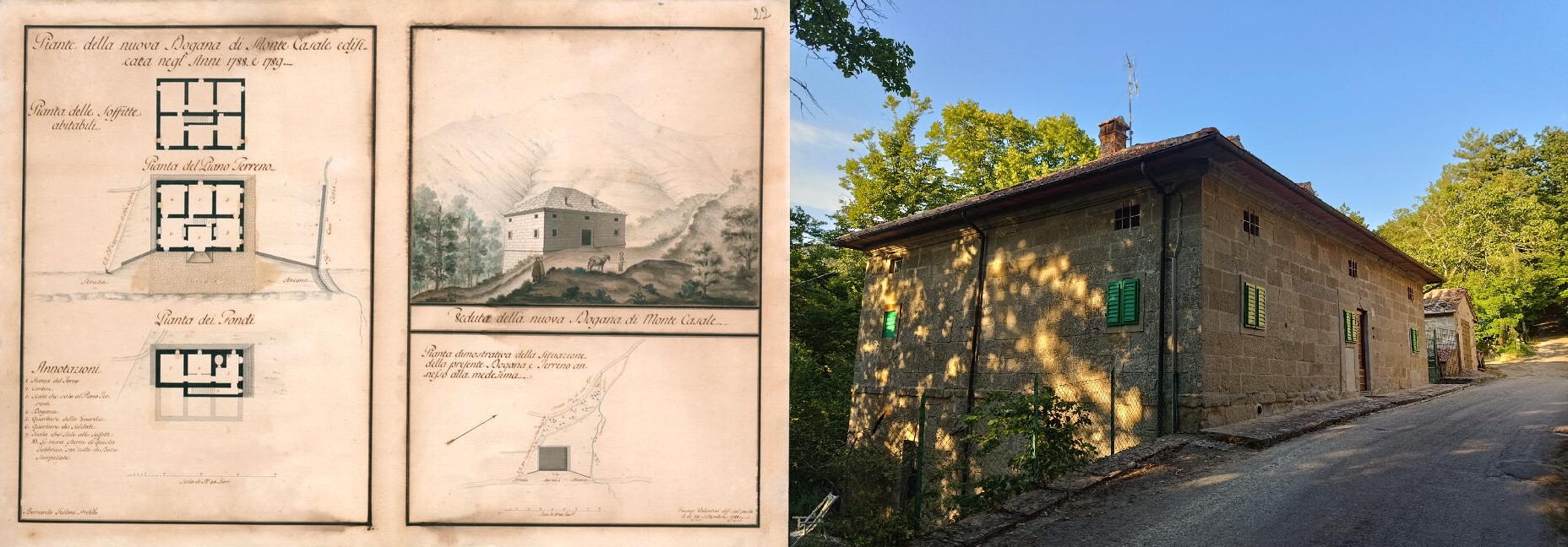 L’antica dogana di Montecasale nella rappresentazione cartografica e planimetrica del 1788-1789 e in una foto attuale